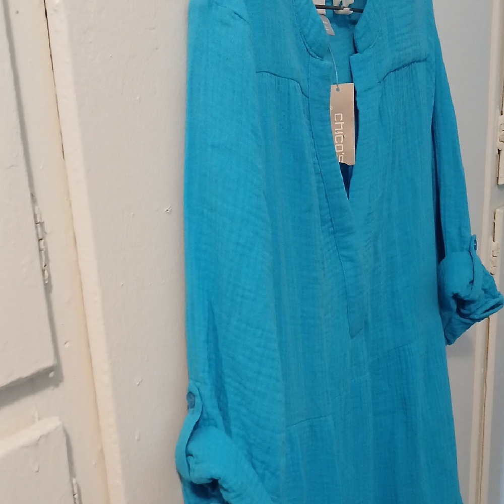 Chico's Blue Sundress with V-Neck and Cuffed 3/4 Sleeves - Picture 5 of 7